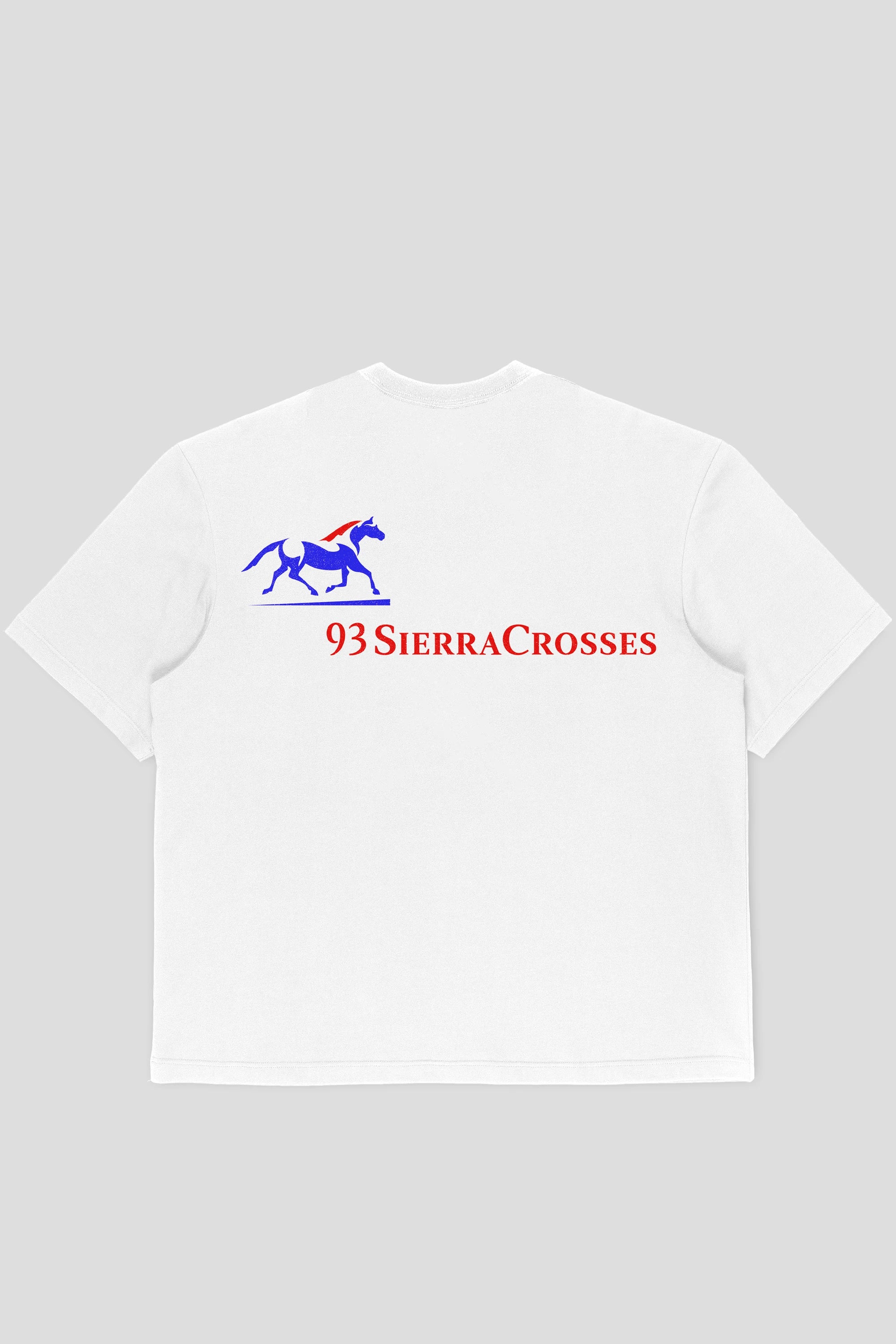 White tee with blue horse graphic and the logo of the brand in red