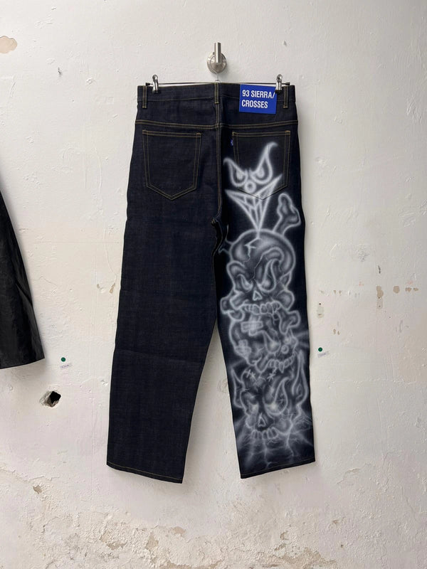 Custom Airbrush painted selvedge denim pants by Kevin Mejia