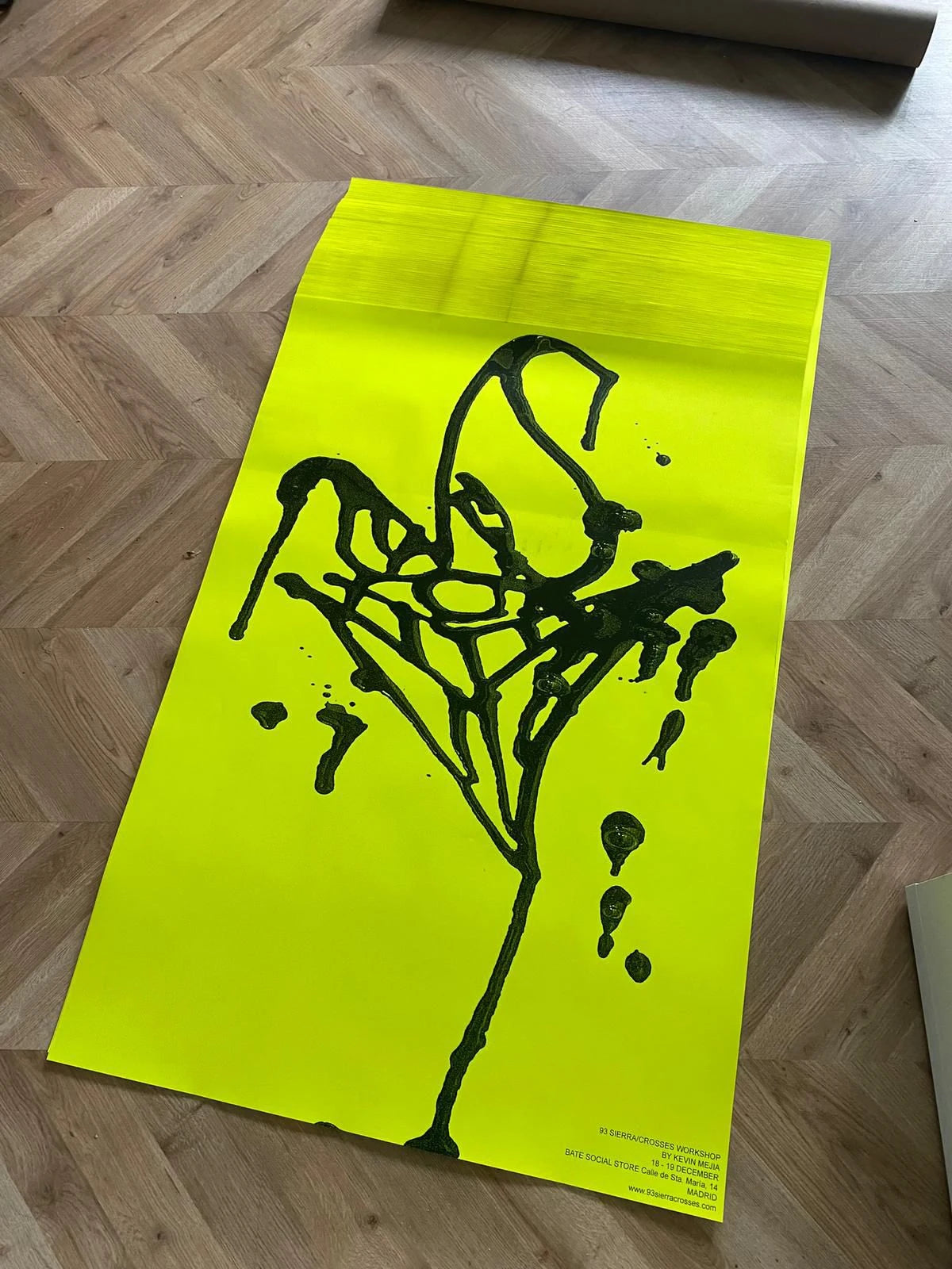 Kevin Mejia signature tag bicho poster black ink on fluorescent yellow background