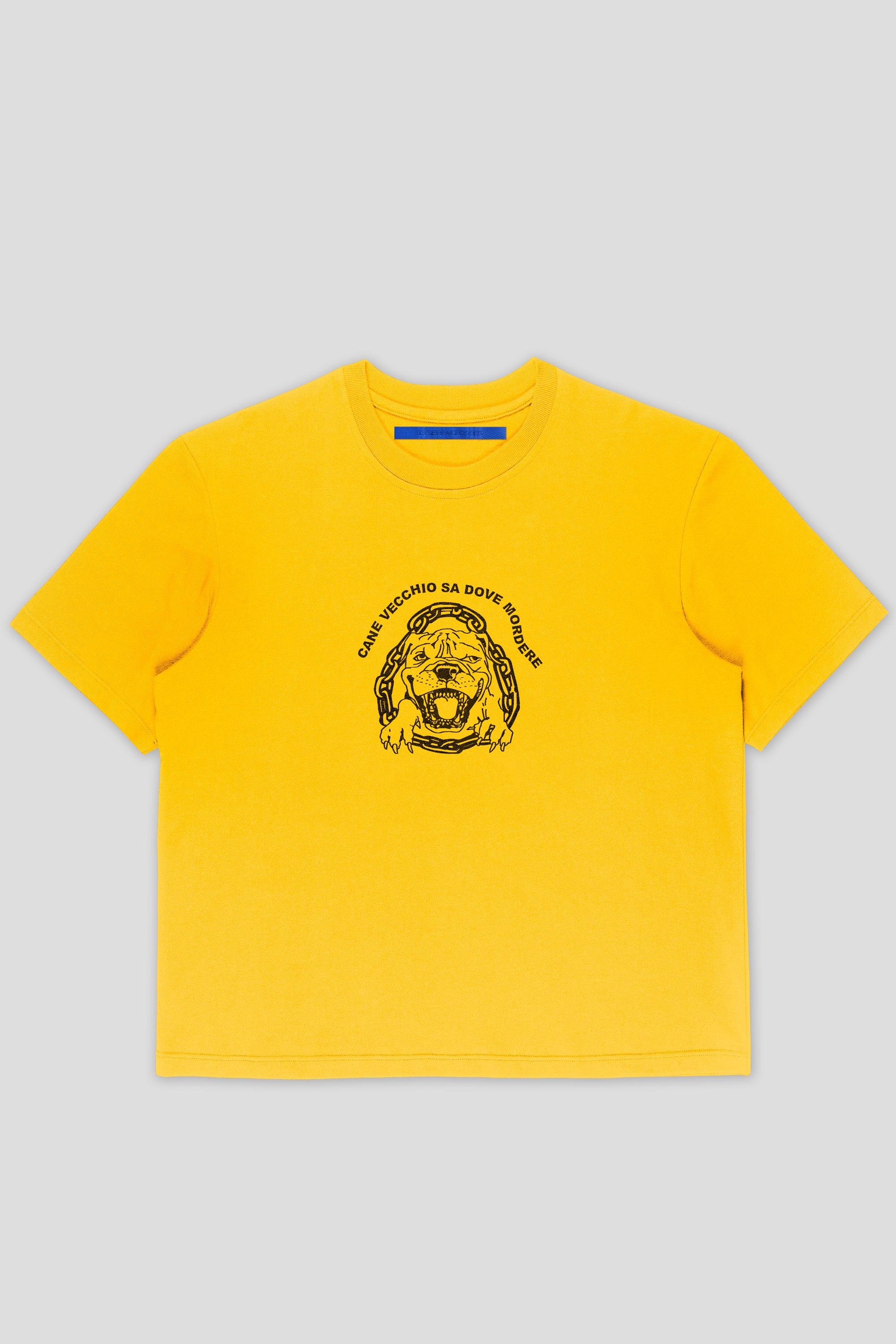 Mad dog logo print mustard yellow skater flow t-shirt 93 sierra crosses 