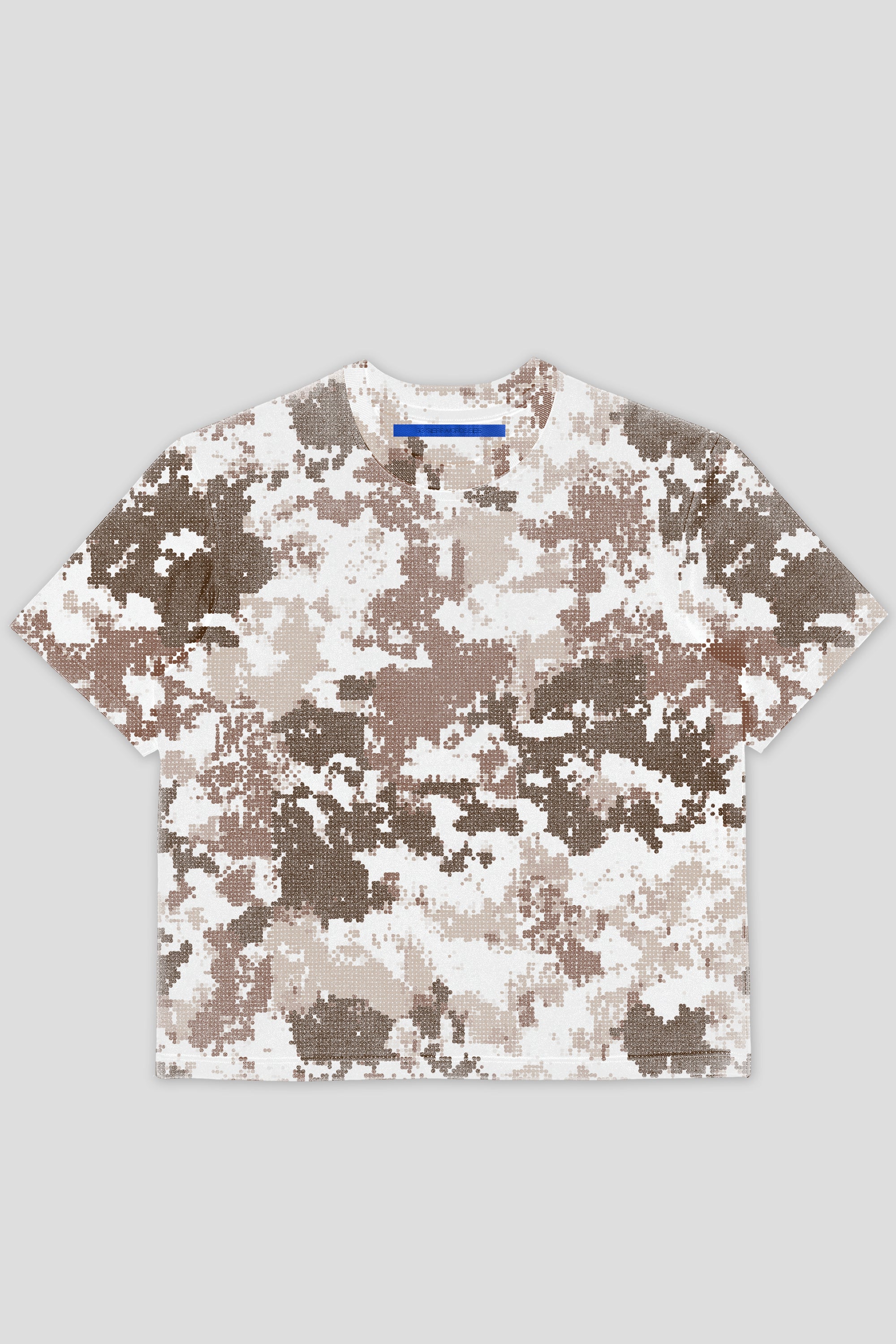 White digital camo print t-shirt with blue tag of the brand 93 sierra crosses front view