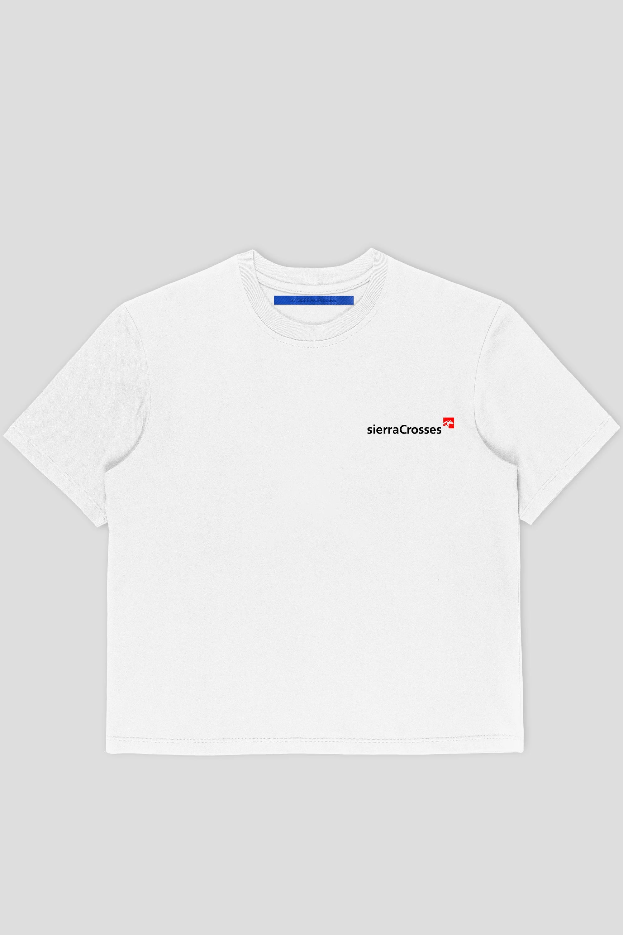 White tee with brand logo on chest