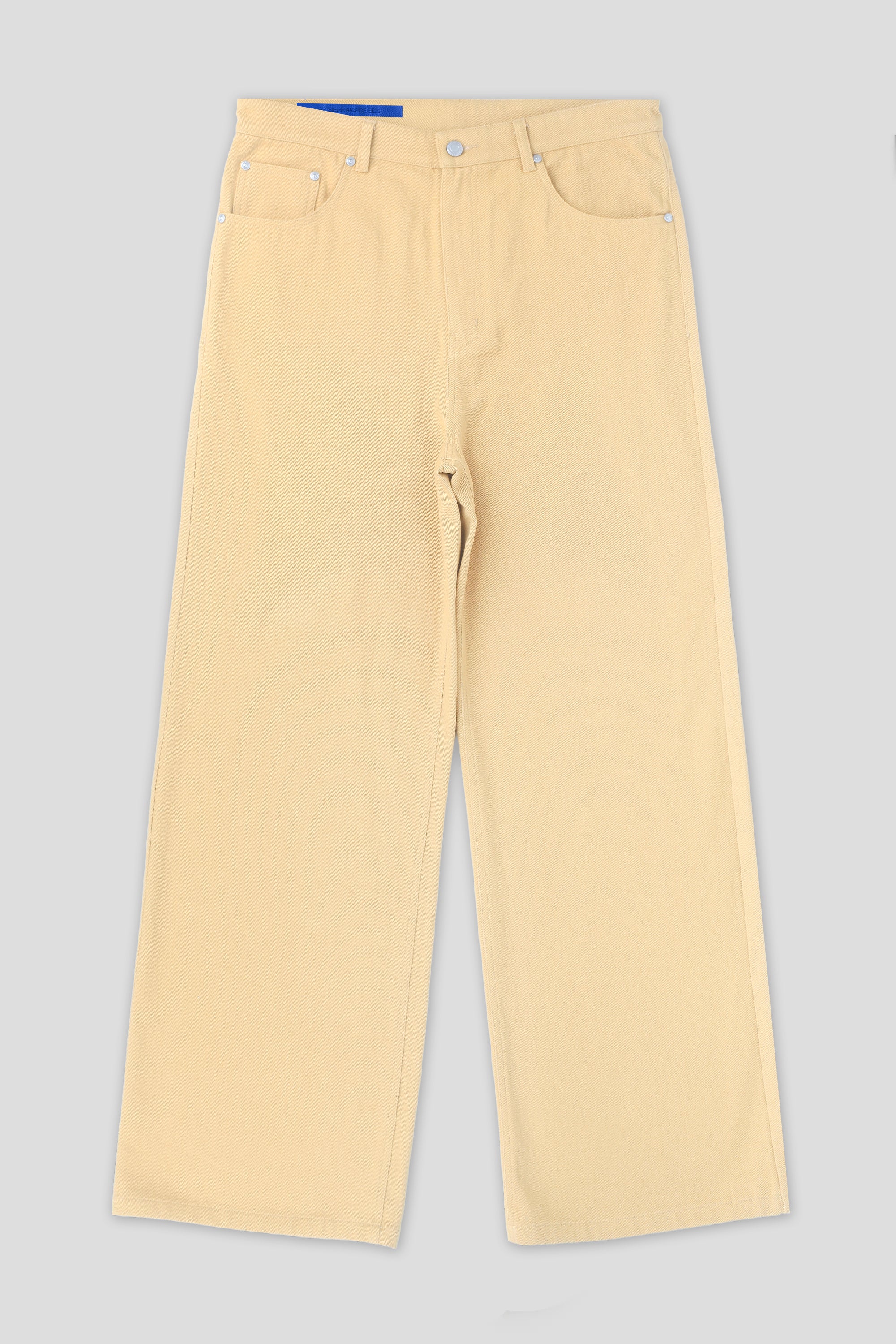 beige denim wide-leg trousers with relaxed fit by 93 Sierra Crows front view