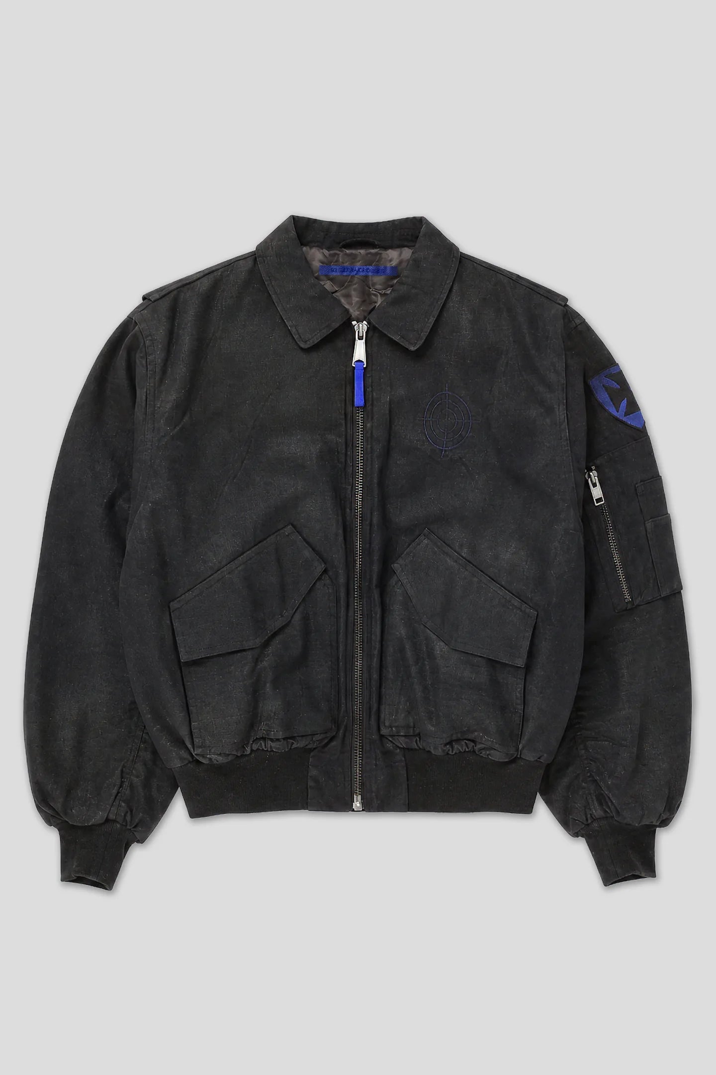 Black waxed cotton bomber jacket with flap pockets and sleeve pocket, product front view 93 SIERRA/CROSSES