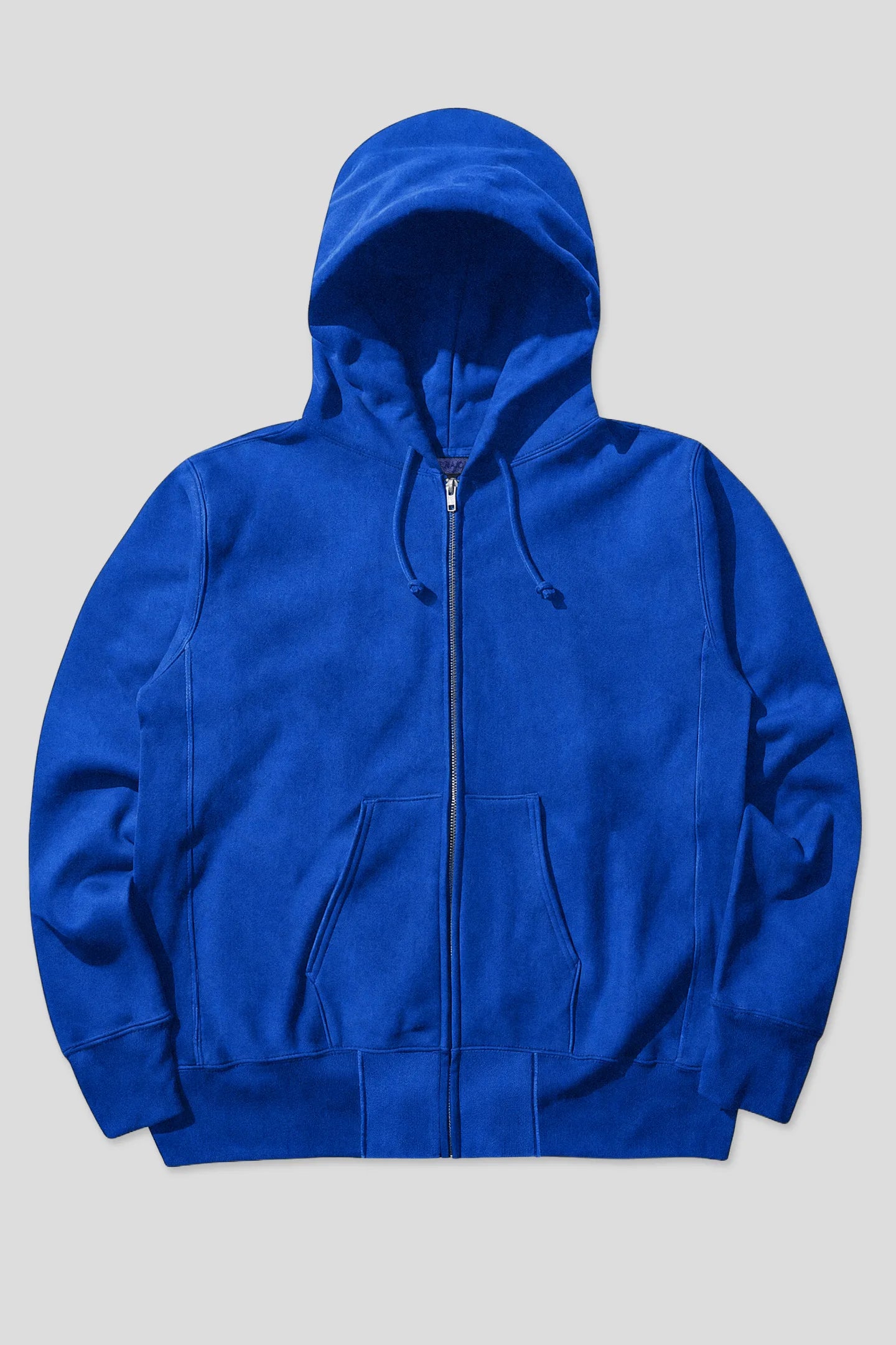 Plain blue zip-up hoodie with YKK metal zipper, drawstring hood and pouch pockets, product front view 93 SIERRA/CROSSES
