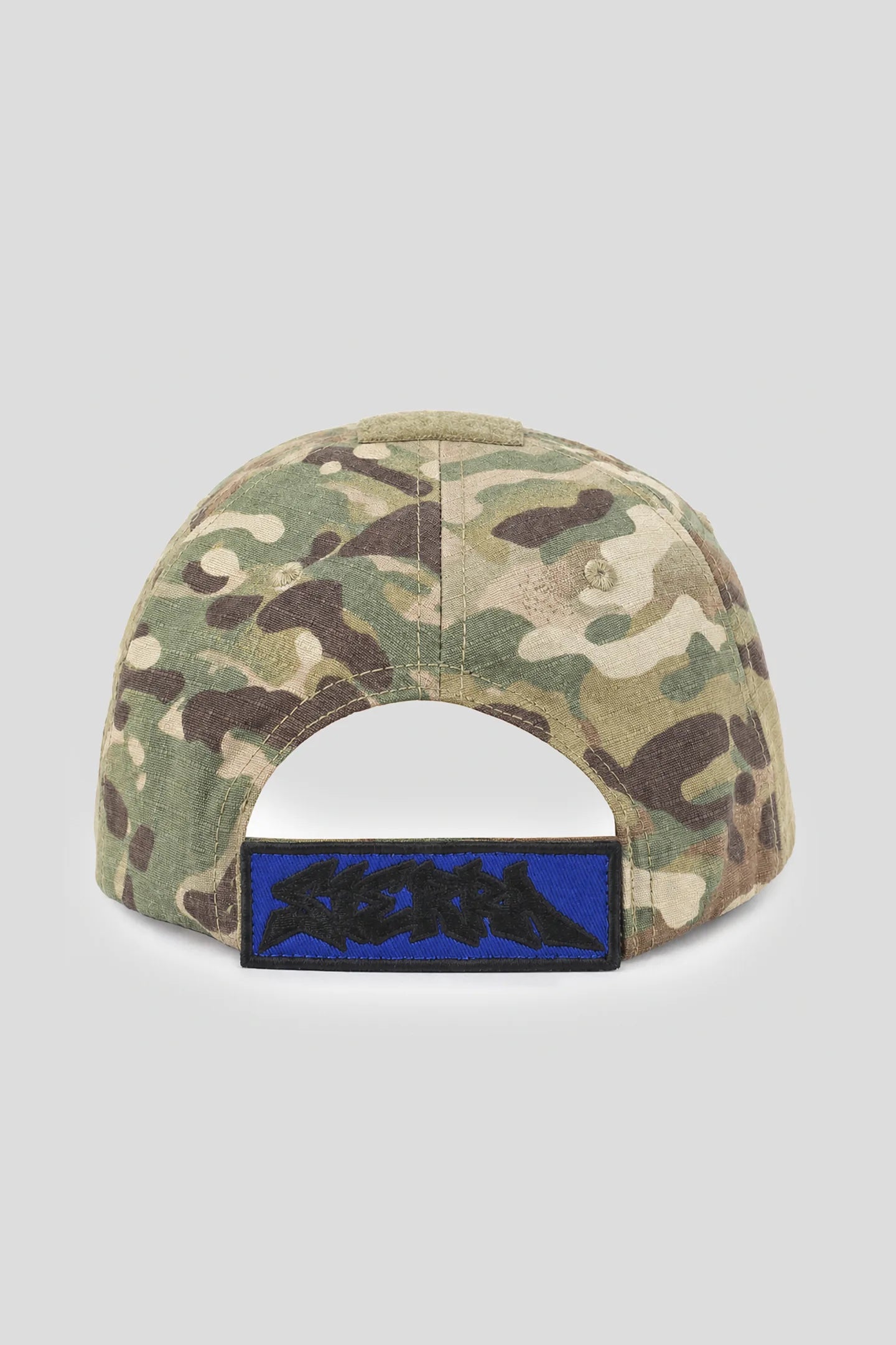 Camo cap with Sierra logo patch on the adjustable back strap, product back view 93 SIERRA/CROSSES