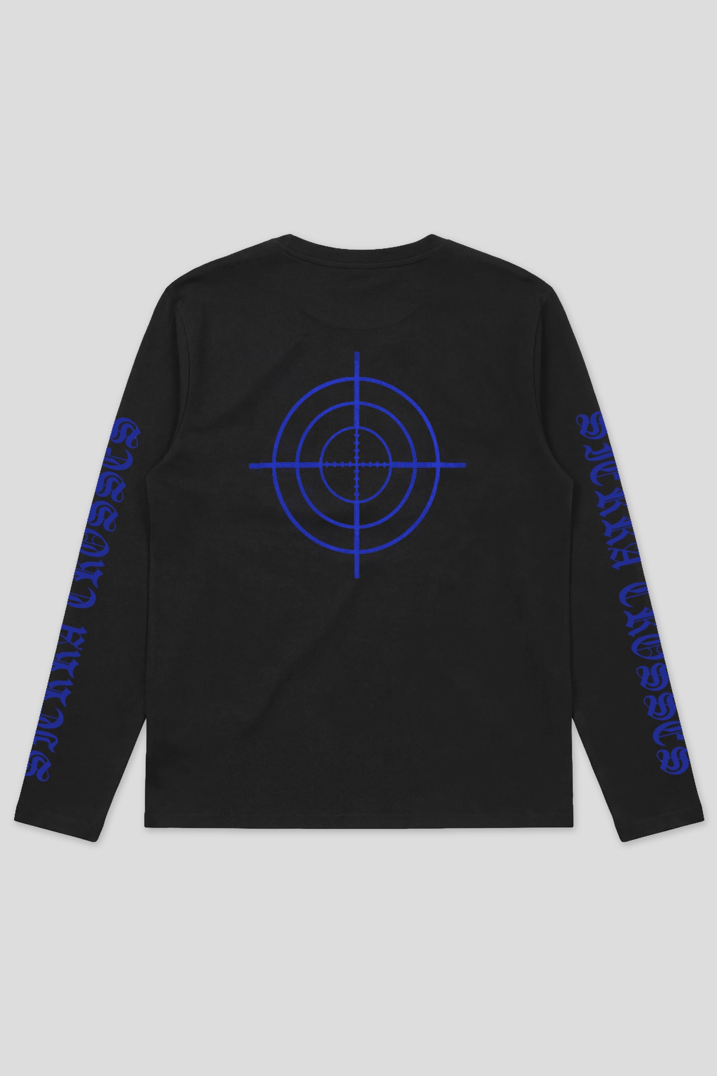 Black long sleeve t-shirt with blue crosshair back print, product back view 93 SIERRA/CROSSES