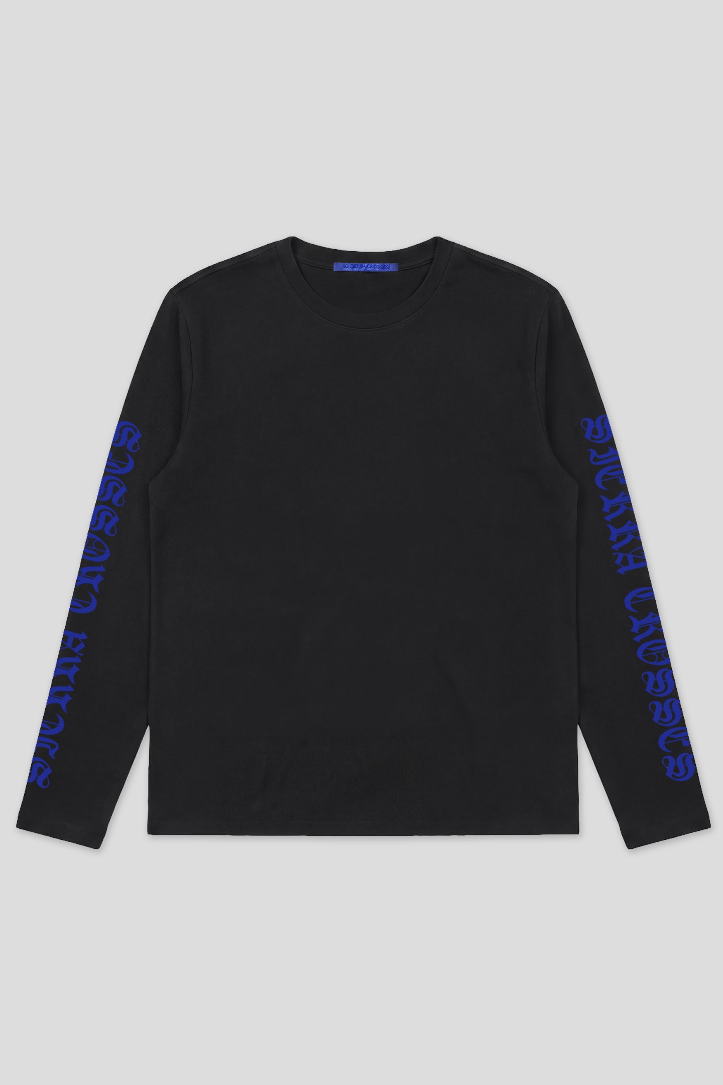 Black long sleeve t-shirt with blue Sierra Crosses sleeve prints, product front view 93 SIERRA/CROSSES