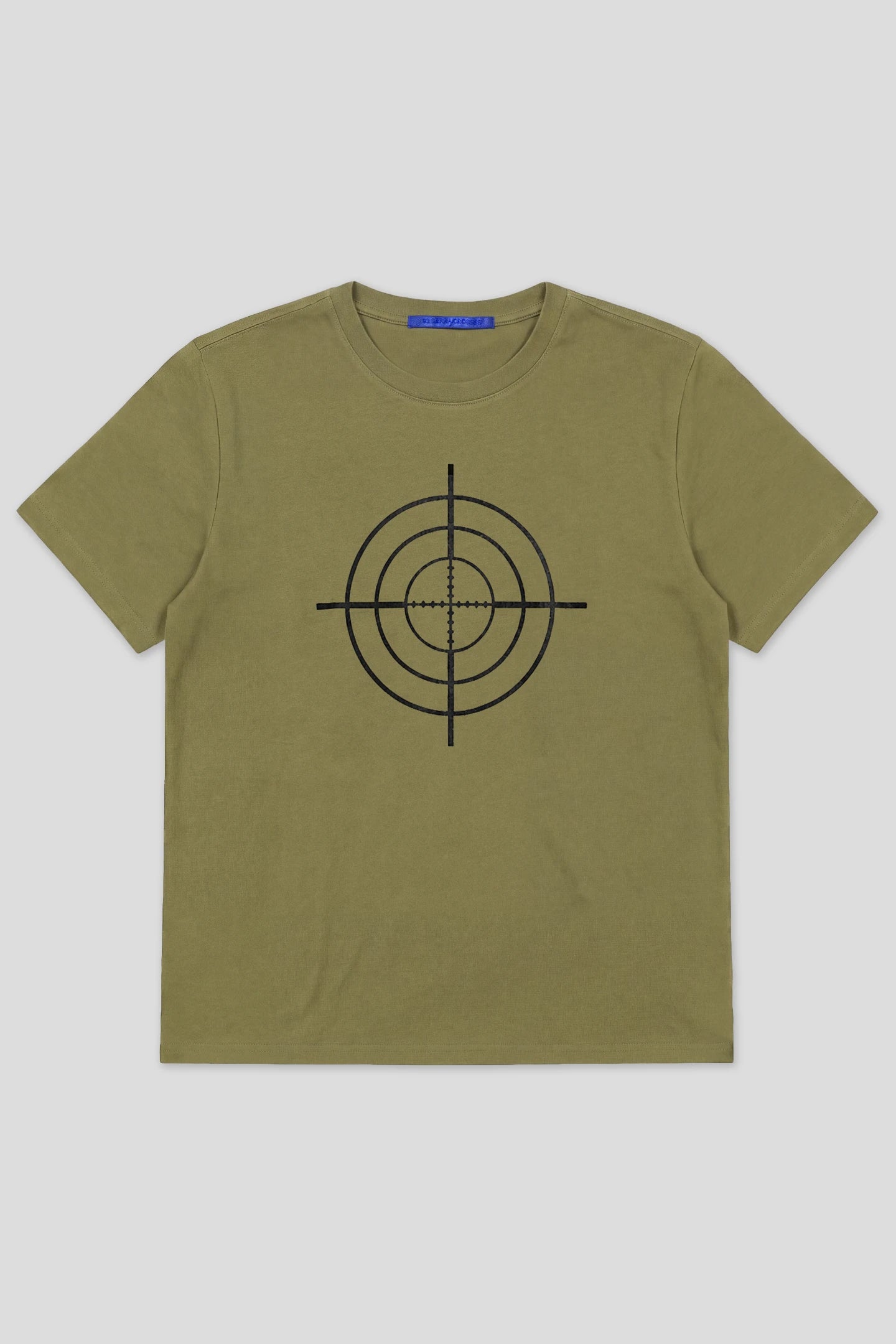 Model wearing the Crosshair Olive T-Shirt, garment-washed olive tee with black crosshair print, front view 93 SIERRA/CROSSES