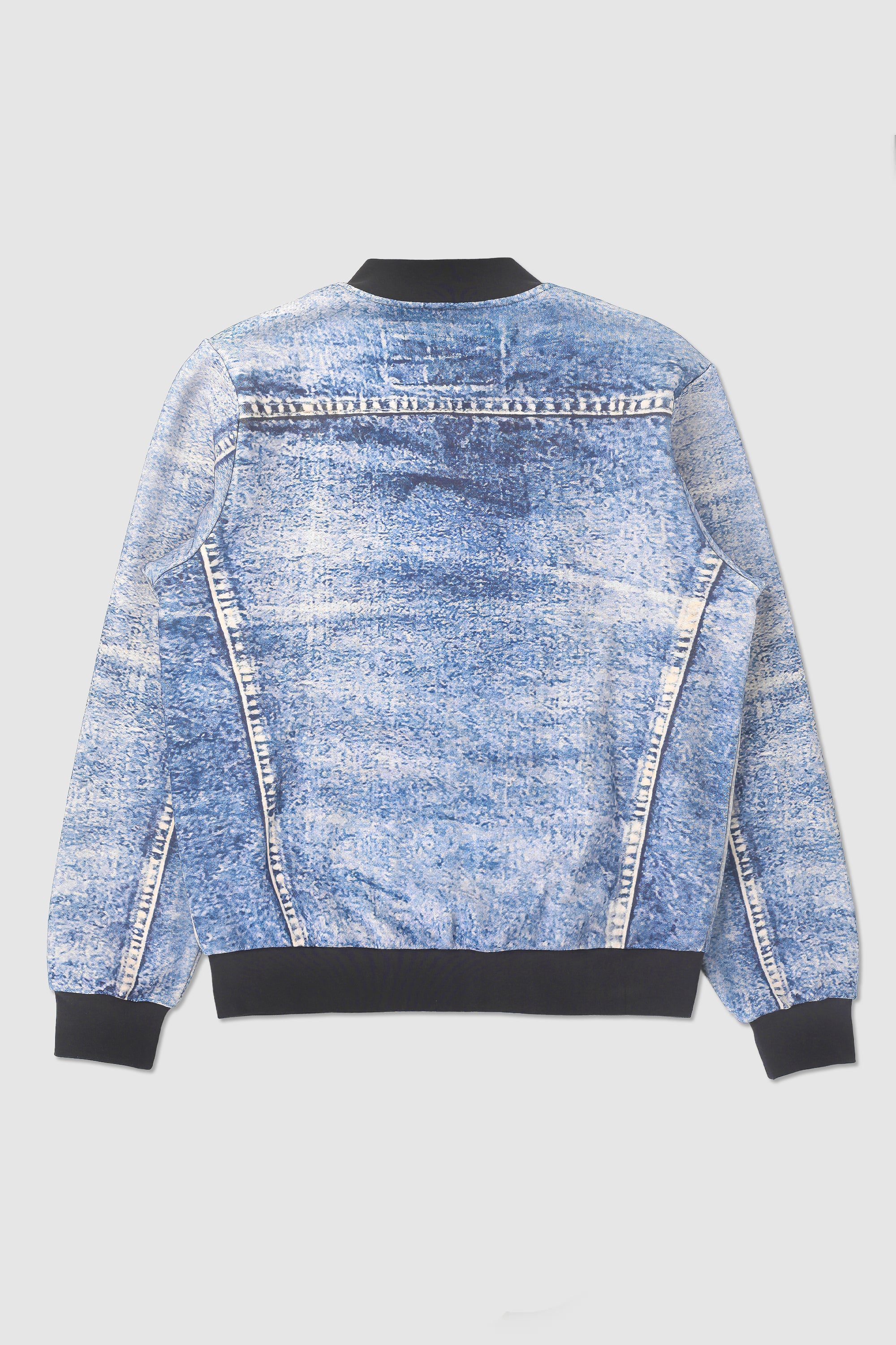 Fake denim print all over bomber jacket back view 93 sierra crosses