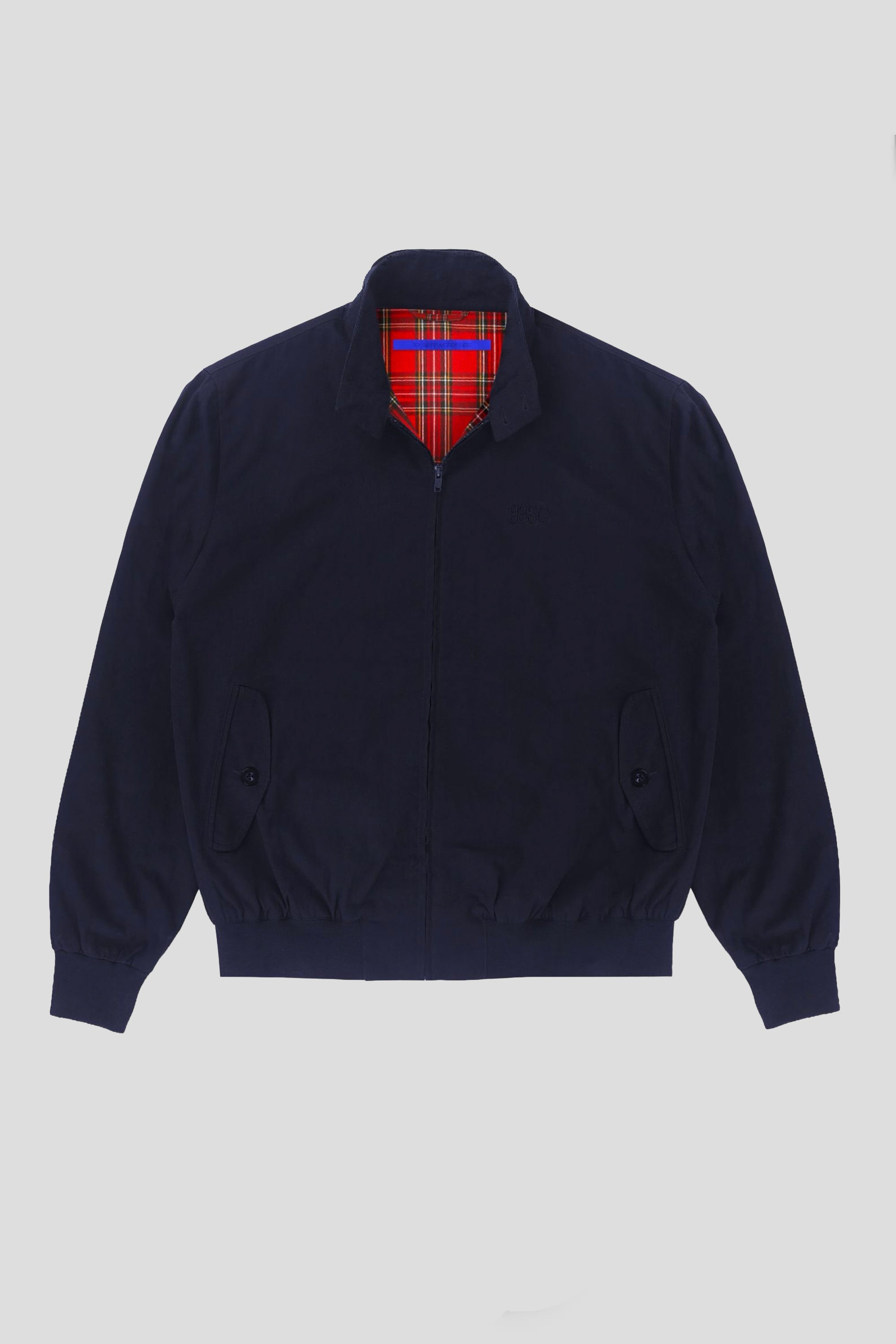 harrington navy blue jacket tartan print on inside front view 93 sierra crosses