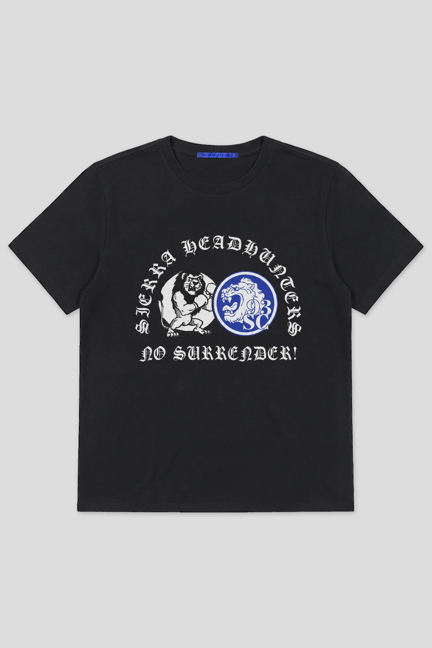 Model wearing the Headhunters T-Shirt, black tee with Sierra Headhunters No Surrender! print, front view 93 SIERRA/CROSSES