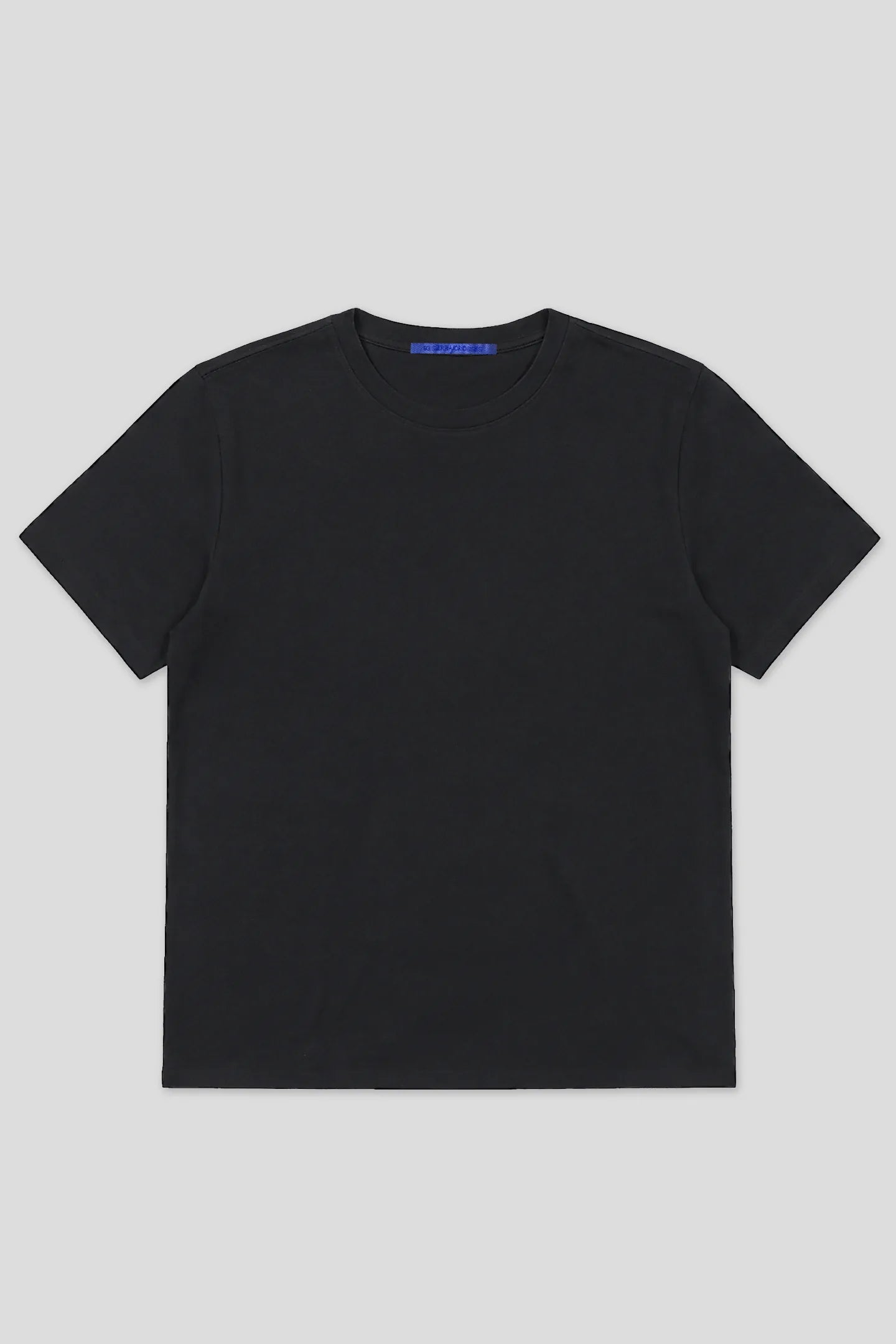 Black crew neck t-shirt with blue woven neck label, product front view 93 SIERRA/CROSSES