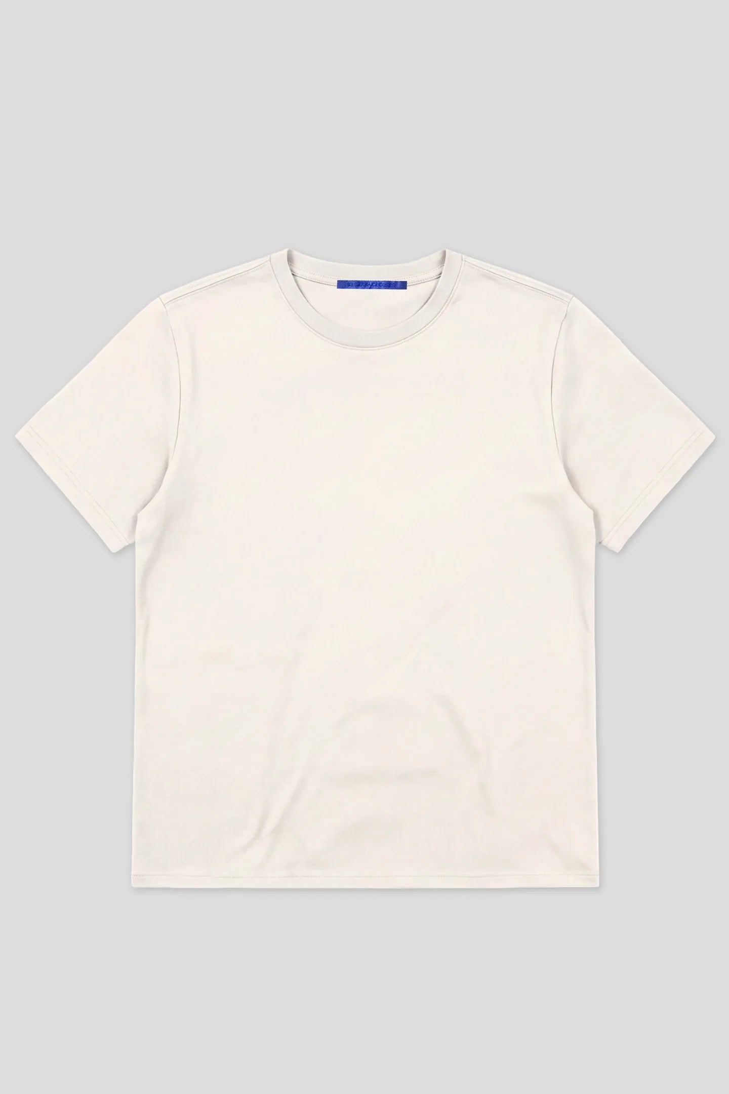 White crew neck t-shirt with blue woven neck label, product front view 93 SIERRA/CROSSES