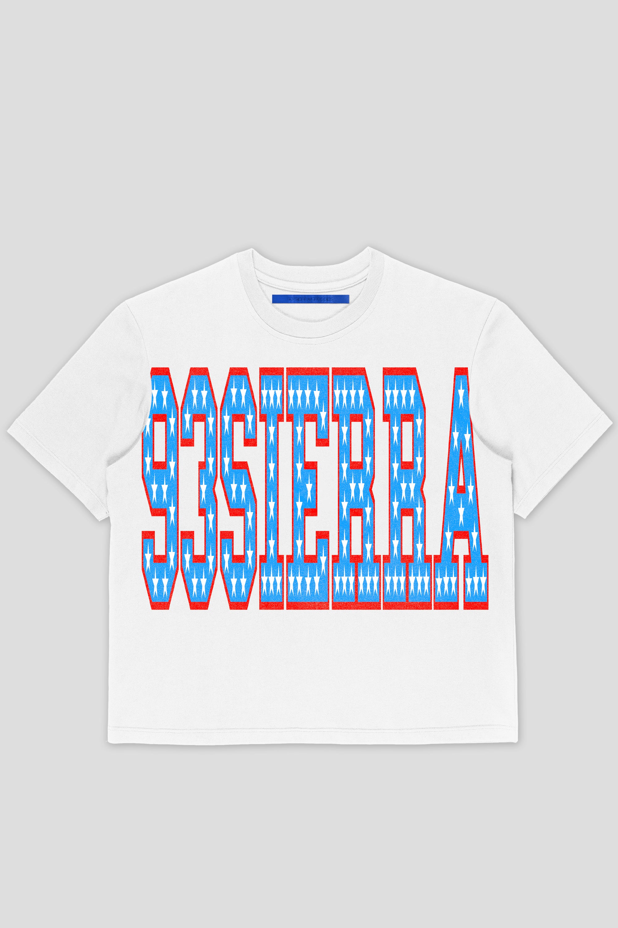 stars font big letters 93 sierra crosses logo white tee regular fit 
