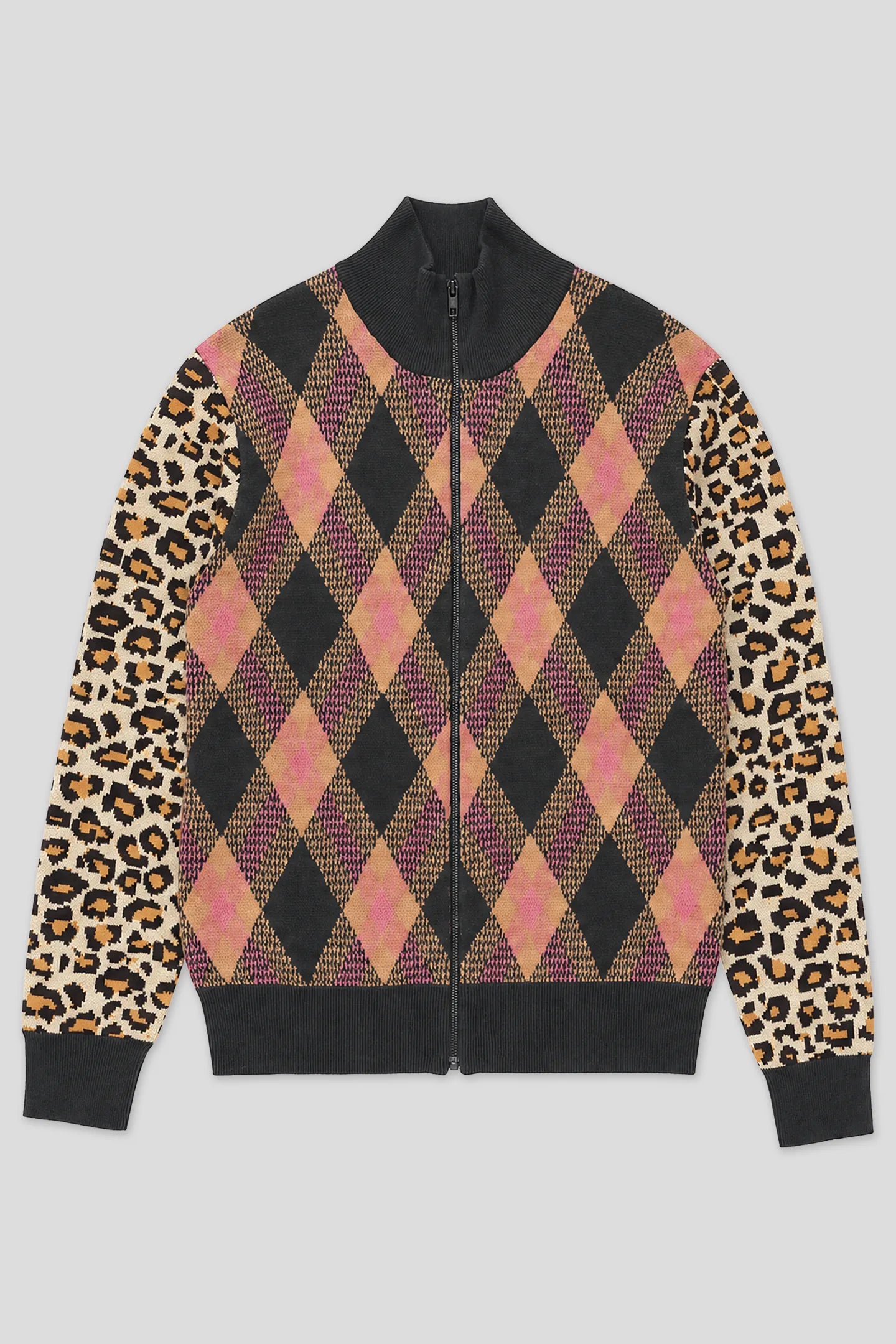 Full-zip jacquard knit sweater with pink and black argyle tartan and cheetah sleeves, product front view 93 SIERRA/CROSSES